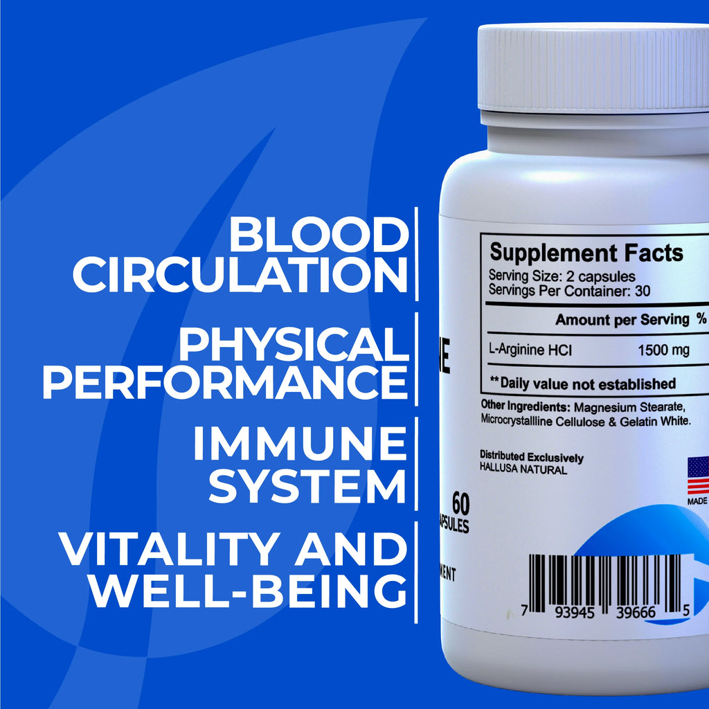 L- Arginine, Pre Workout Pills L-Arginine Hcl 1500 Mg, Nitric Oxide for Muscle Blood Circulation, Amino Acids Supplement - Amino Energy - Energy Supplements - 60 Caps