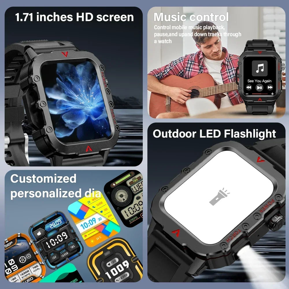 2025 Smartwatch Military Outdoor Sports Watches For Man Woman reloj hombre LED Flahlight Montres Hommes 1.73inch Bluetooth Watch