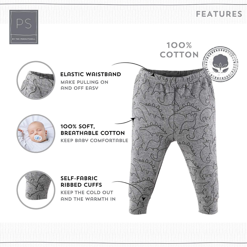 5 Pack Baby Boy or Girl Pants Set - 100% Cotton Toddler Pants, 0-24 Months for Toddlers & Babies - Dinosaur