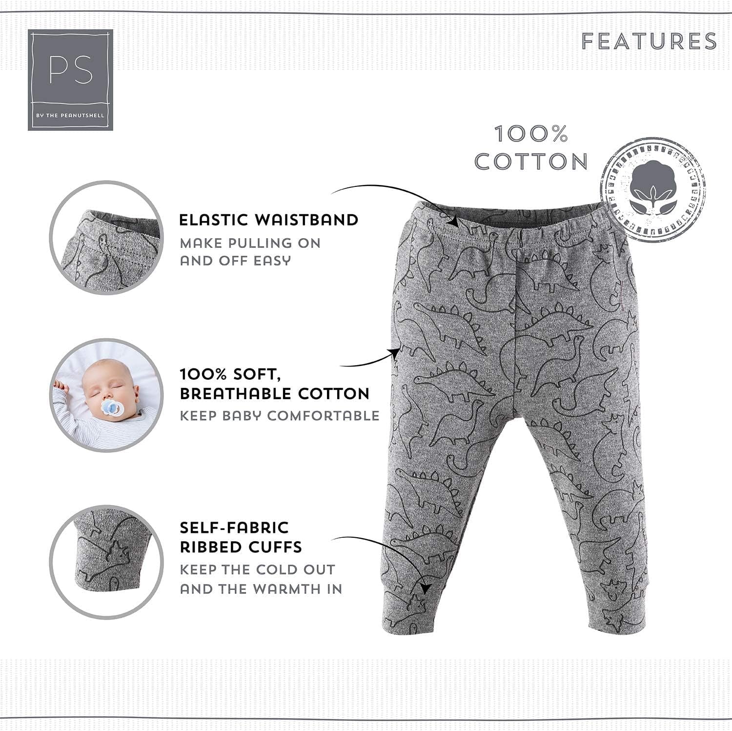 5 Pack Baby Boy or Girl Pants Set - 100% Cotton Toddler Pants, 0-24 Months for Toddlers & Babies - Dinosaur